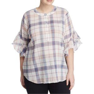 Vince Camuto Womens Plaid Flutter Sleeve Button-Down Top Ash Rose Plus Size NWT